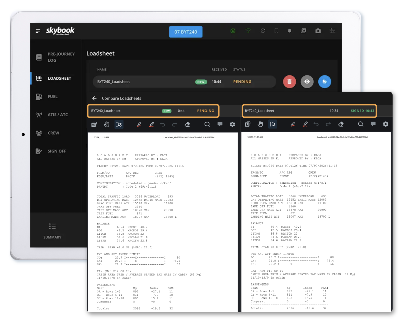 Image showing the skybook EFB loadsheet management interface which easily allows pilots to compare loadsheet versions