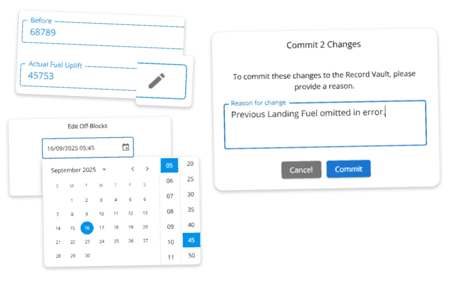 Image demonstrating the user interface of the Record Vault when editing signed-off flight data