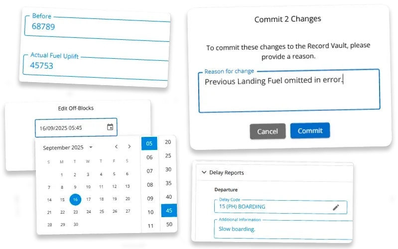 Image demonstrating the user interface of the Record Vault when editing signed-off flight data