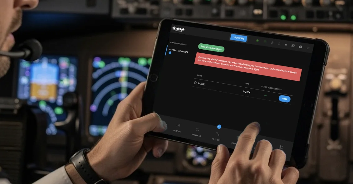 Image of pilot in cockpit using skybooks sector attachments feature