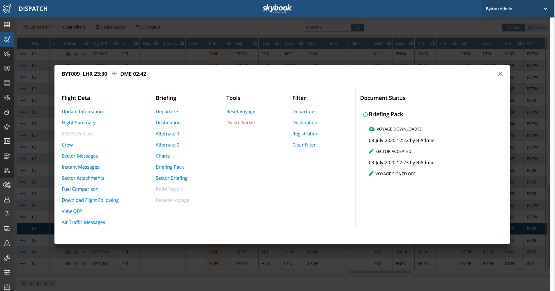 skybook - Dispatch Menu Overview