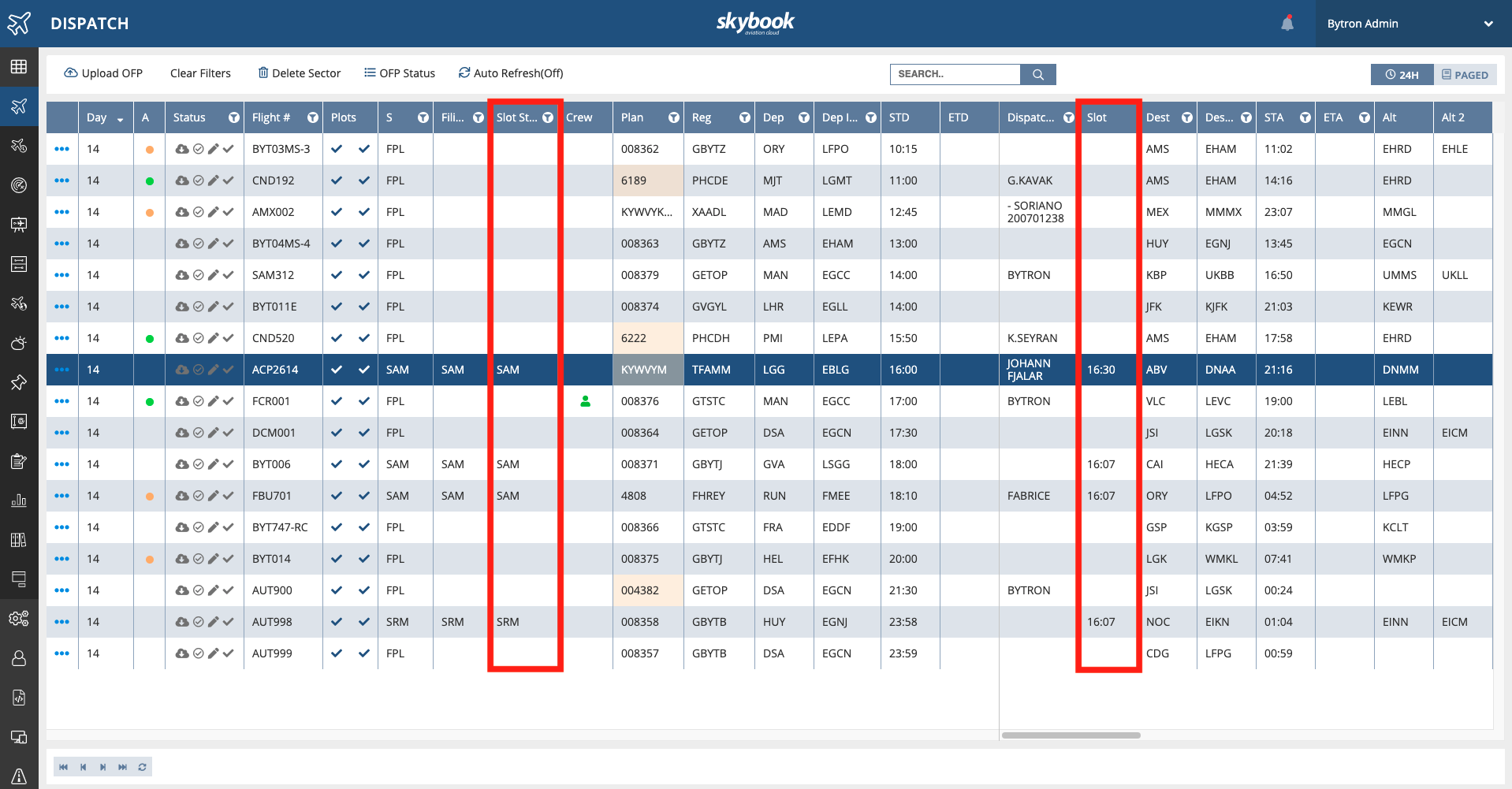 skybook ctot slot columns