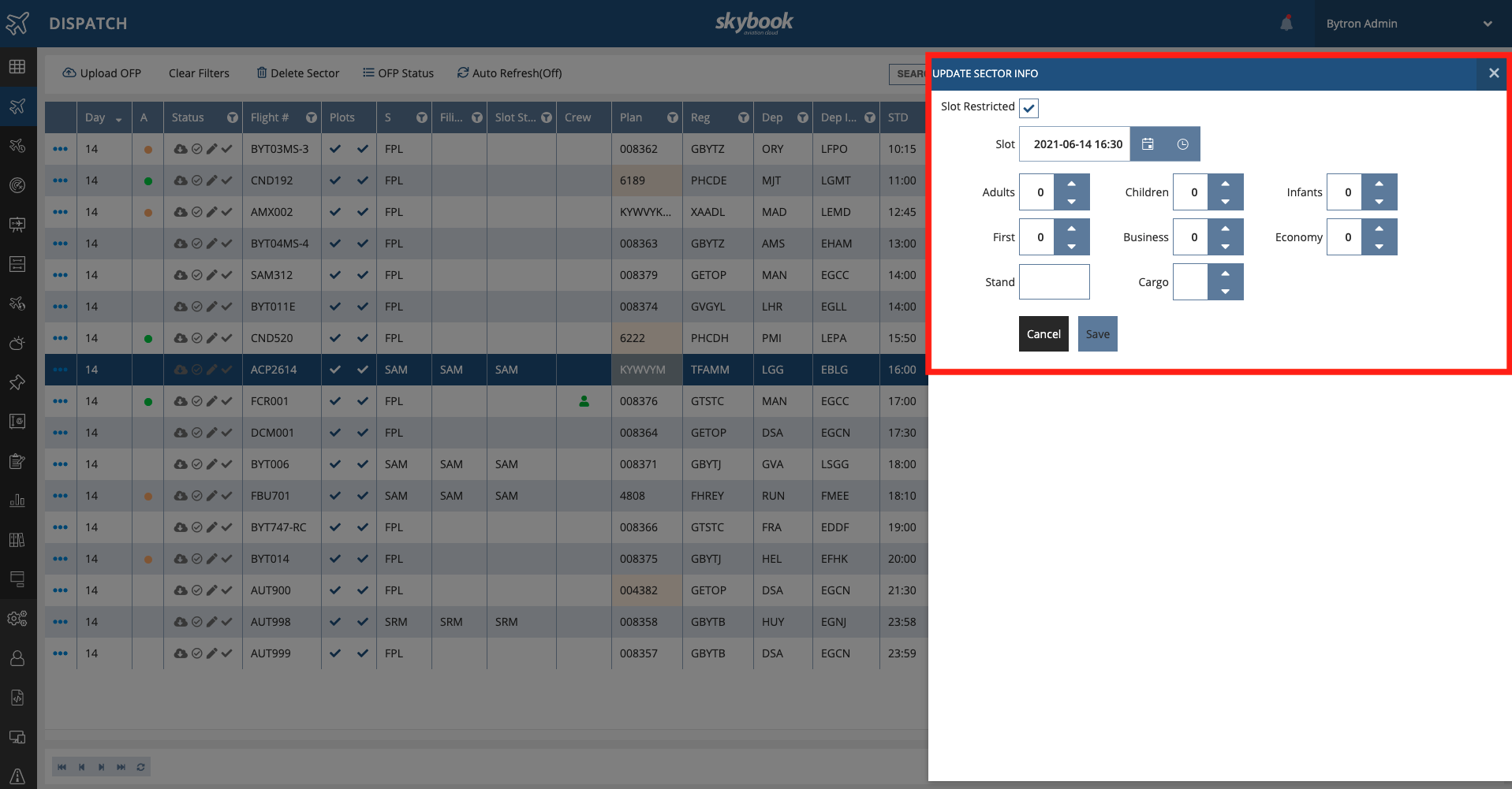 skybook ctot update sector