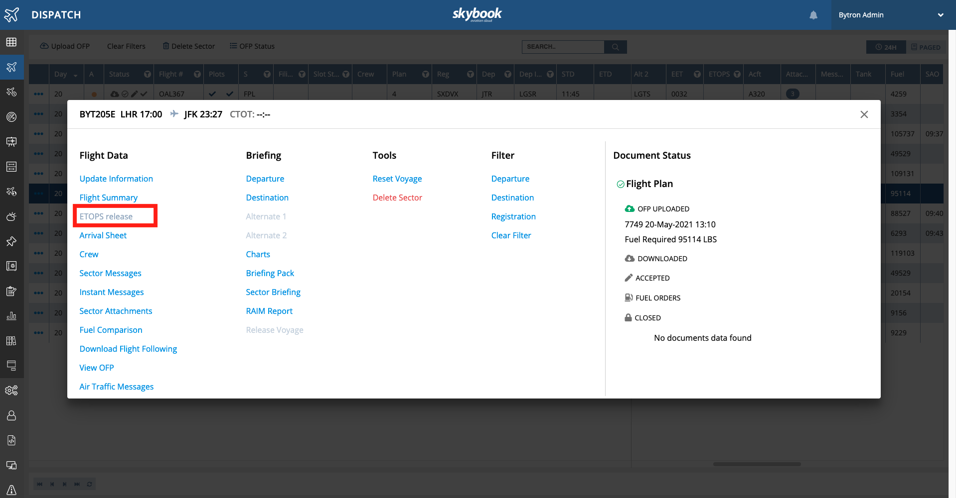 skybook dispatch menu etops