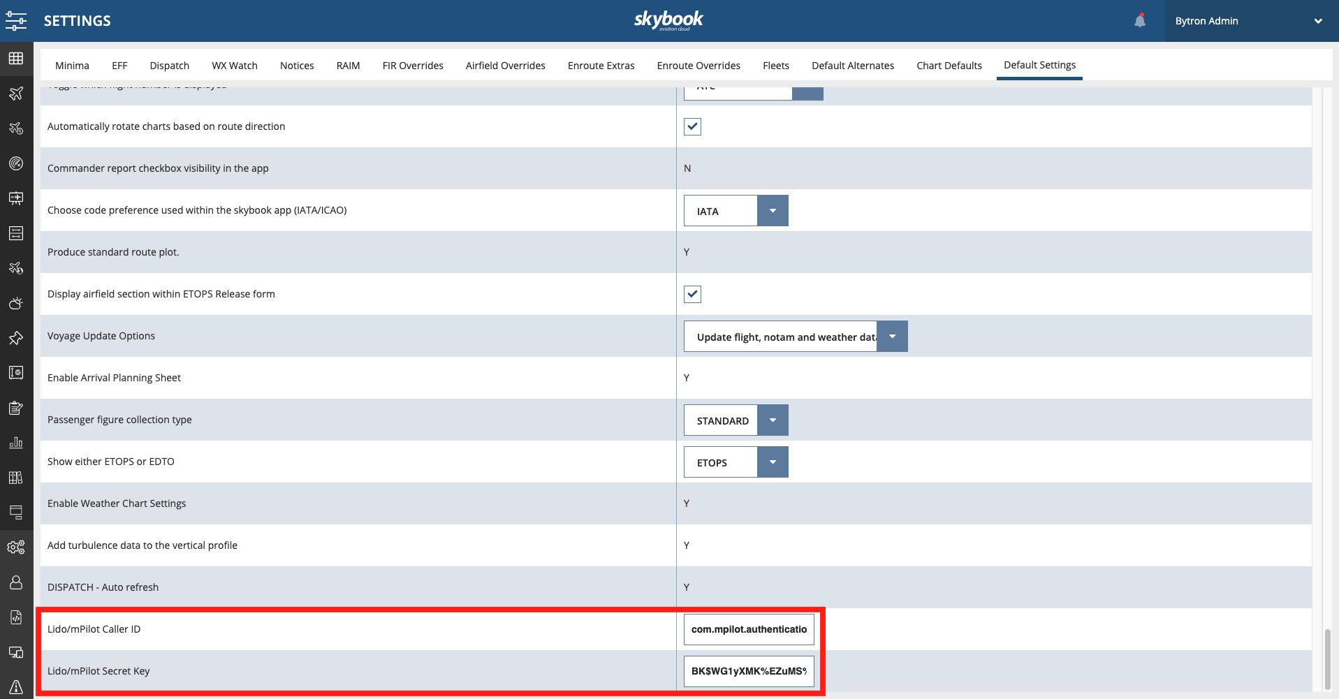 skybook gp mpilot settings