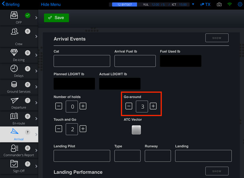 efb go around arrival settings