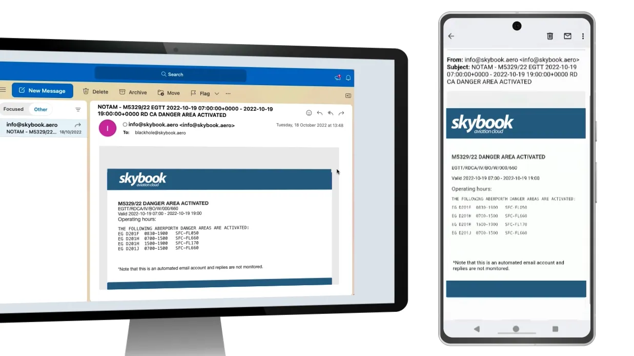 NOTAM email alerts and notifications