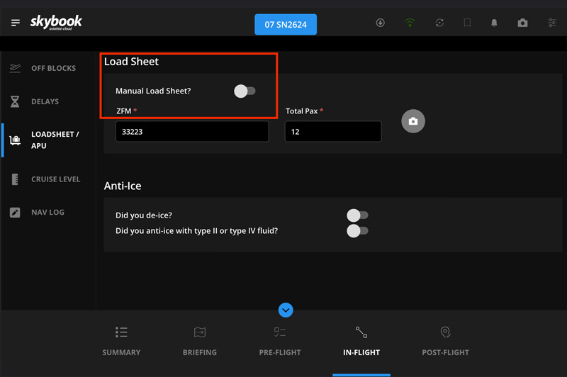 manual load sheet field on efb