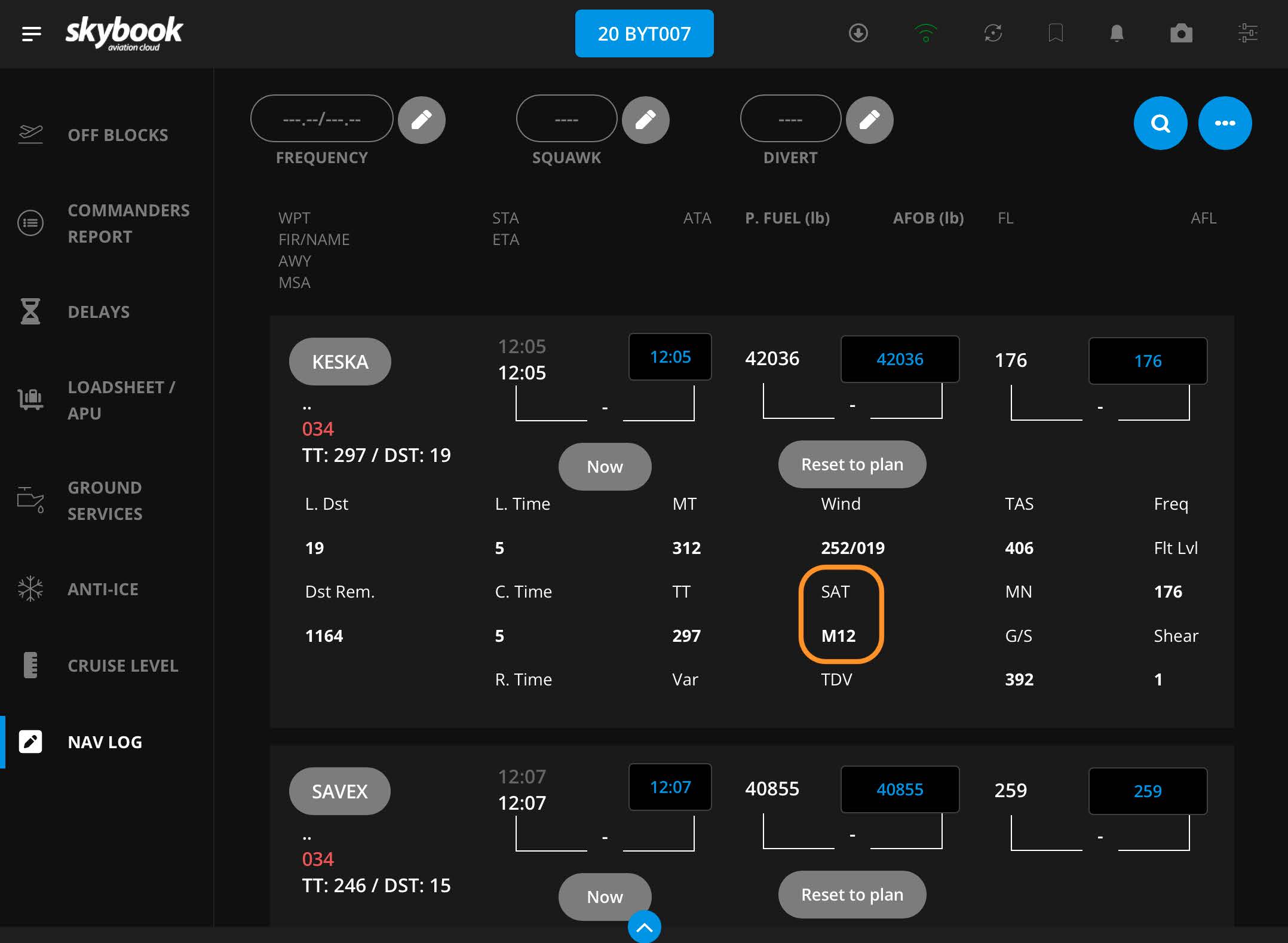 static air temperature SAT nav log