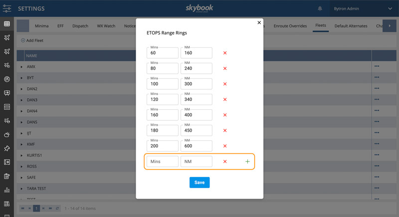  ETOPS range ring settings times and distances