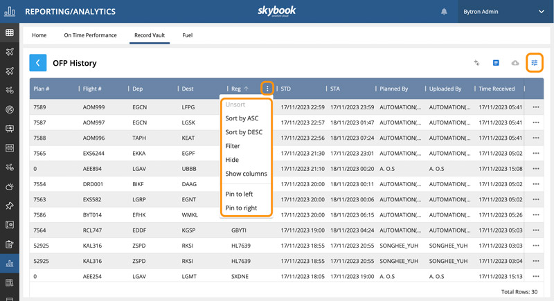 operational flight plan history data filtering and grid editing