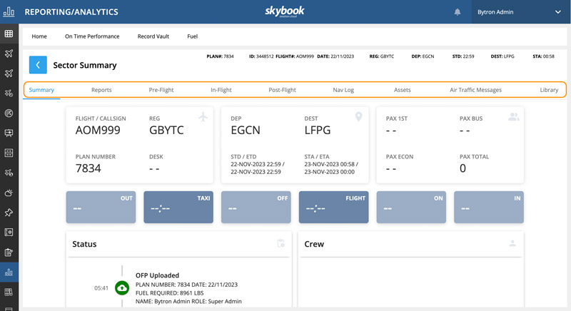 efb flight data report dashboard in the record vault