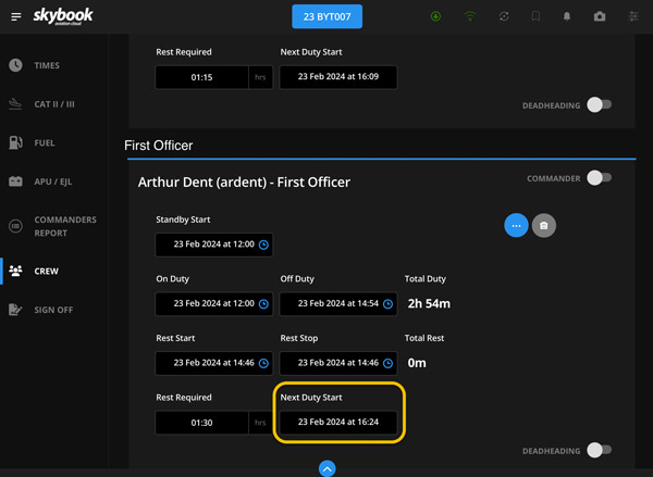 Crew Rest Required and Next Duty Start calculator