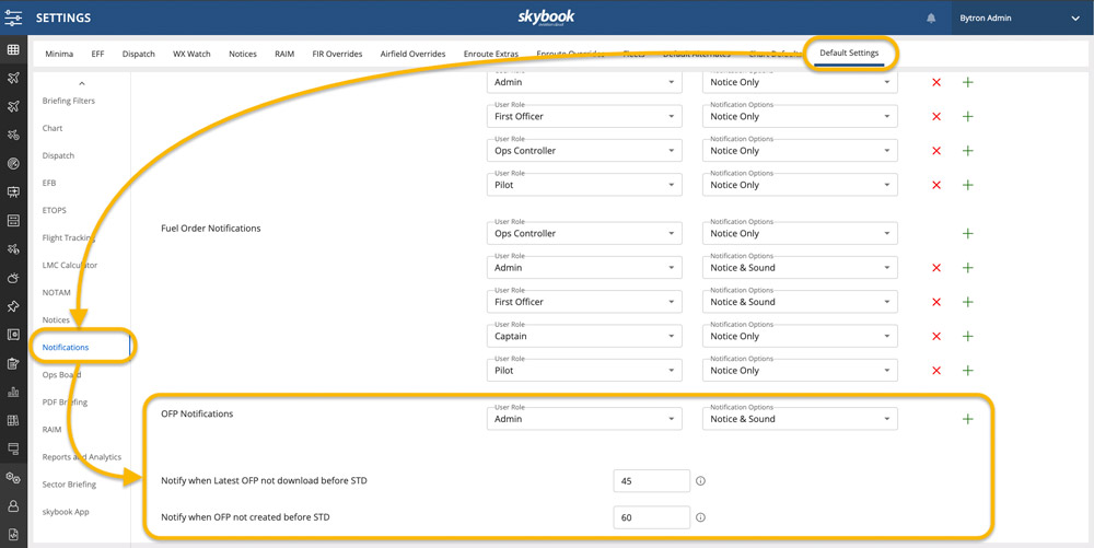 scheduled time of departure notification ofp