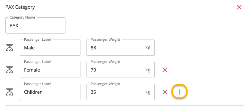 pax category and passenger weight settings