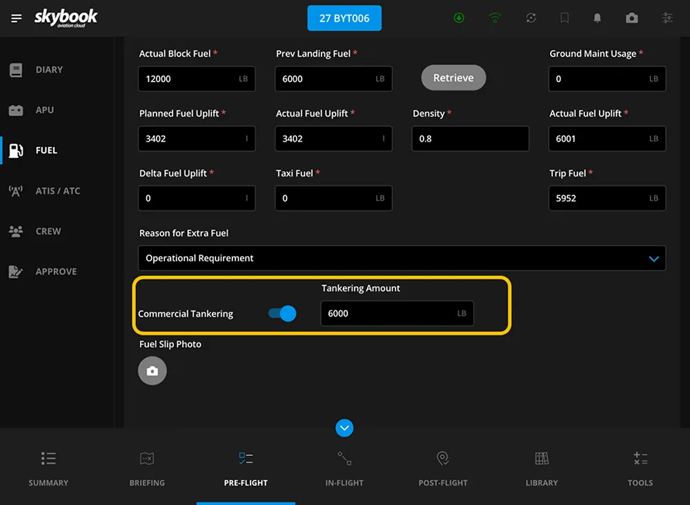 commercial tankering on efb app