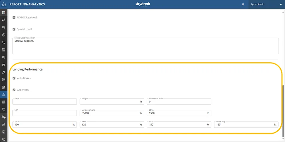 landing performance flight data record
