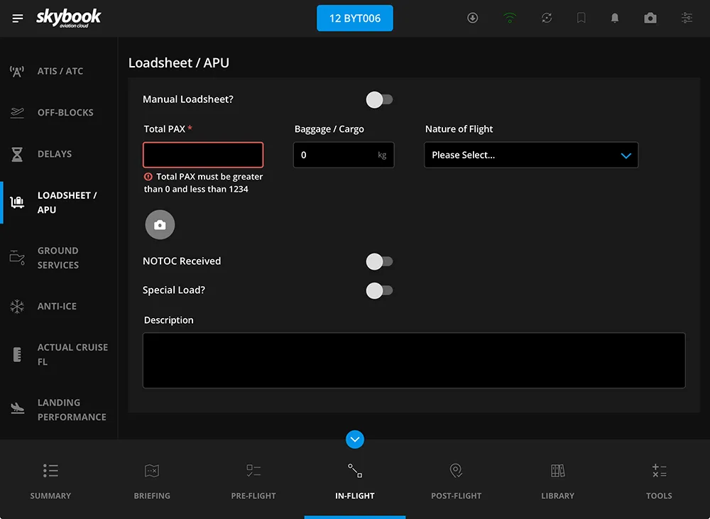 loadsheet and apu data on efb
