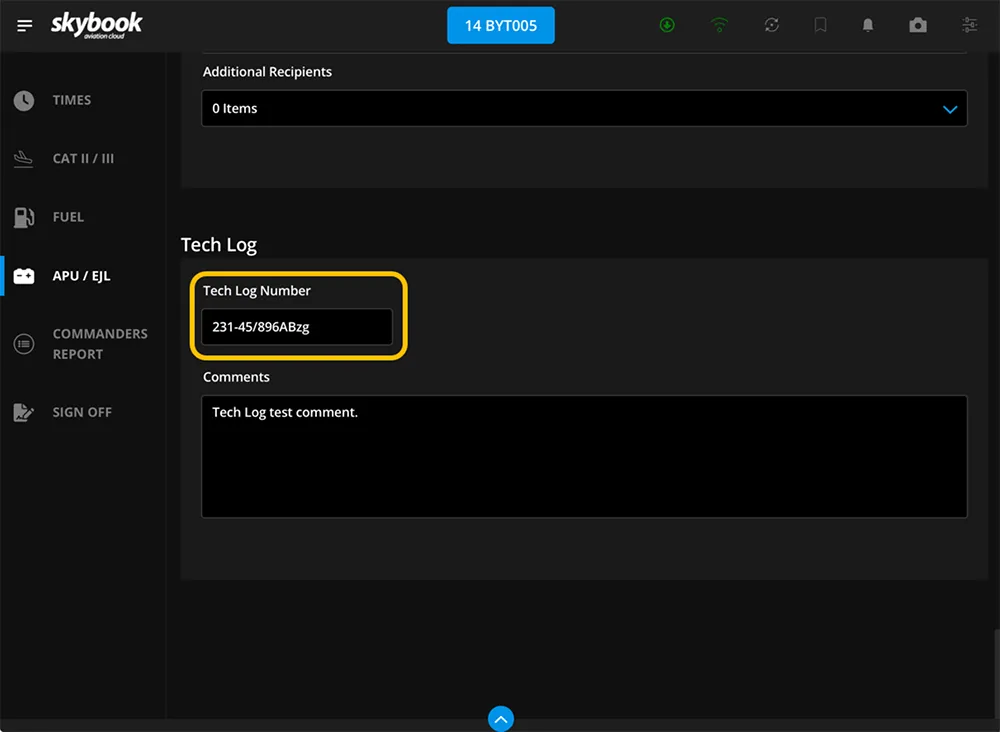 tech log number on efb apu