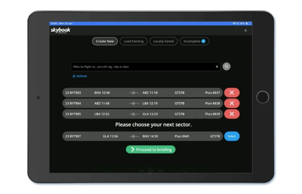 pilot multiple sector selection on efb briefing app