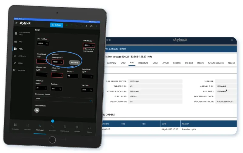 arrival fuel retrieval data on efb app