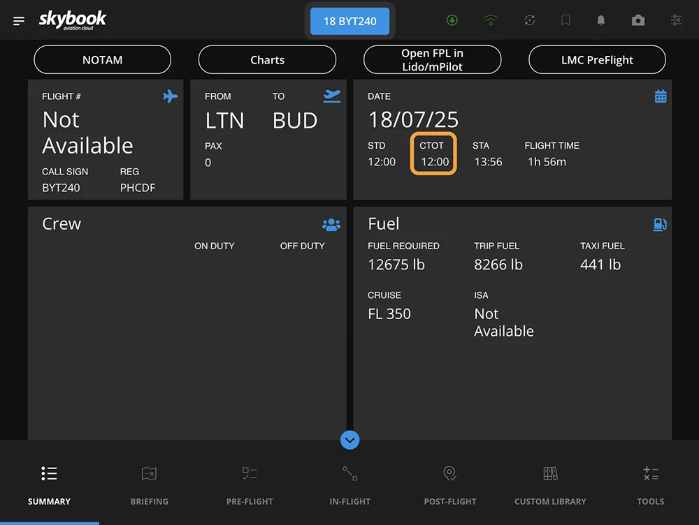 calculated take off time on efb