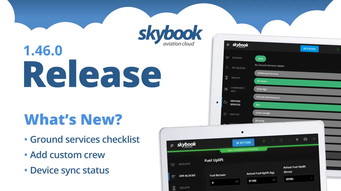 updates in August 2025 to the skybook EFB solution sees ground services checklist, custom crew additions and showing device sync status.