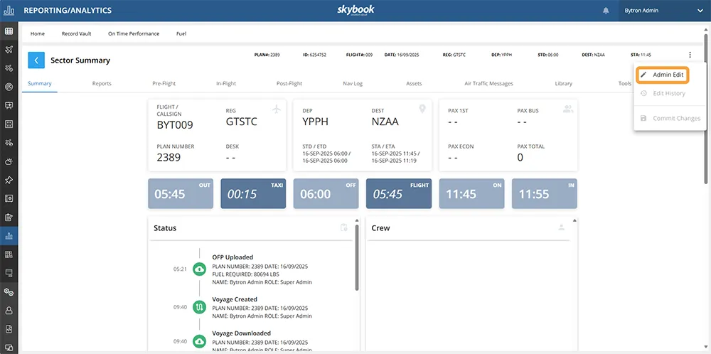 sector summary admin settings