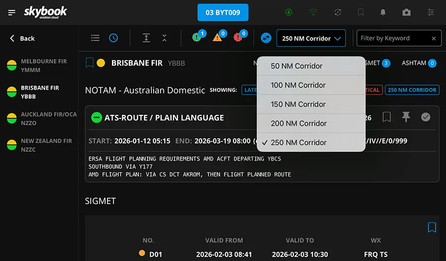 fir nm corridor filtering of notams