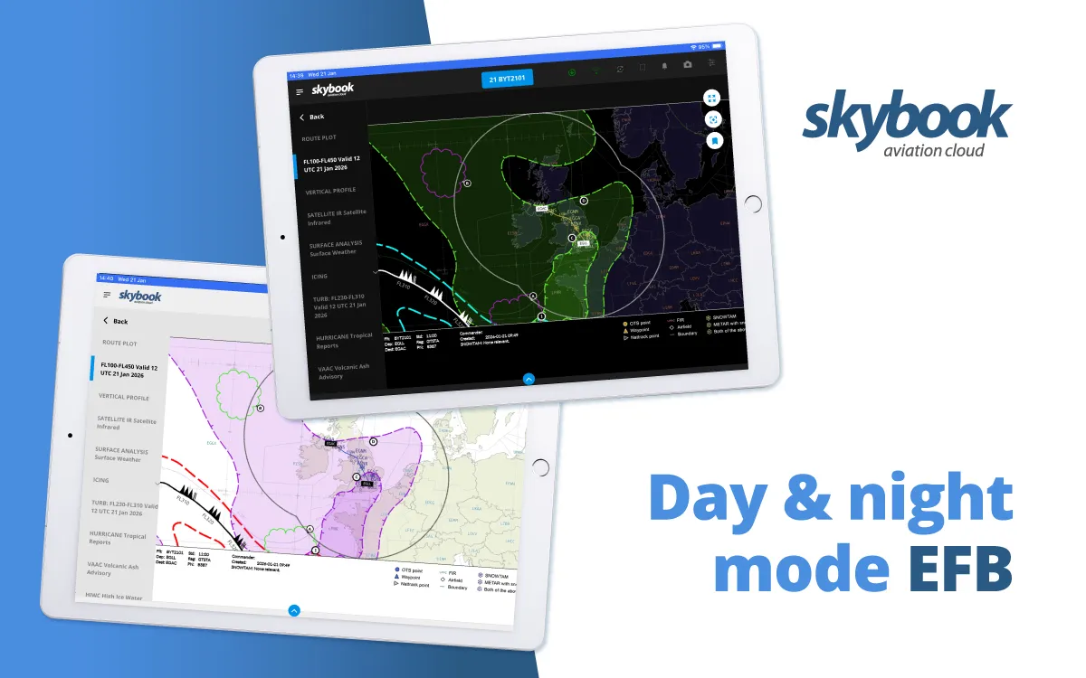 day and night mode on skybook efb application / electronic flight bag solution considering human factors