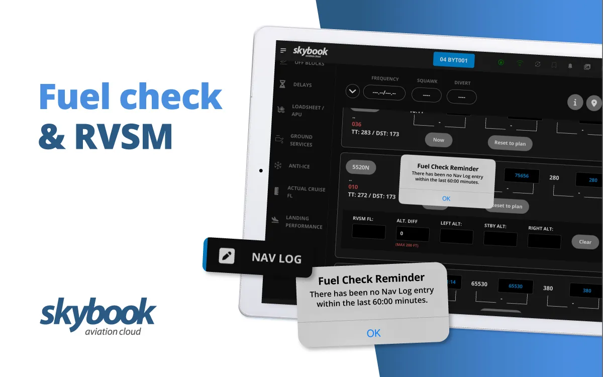 Nav Log fuel check reminder & RVSM interval check