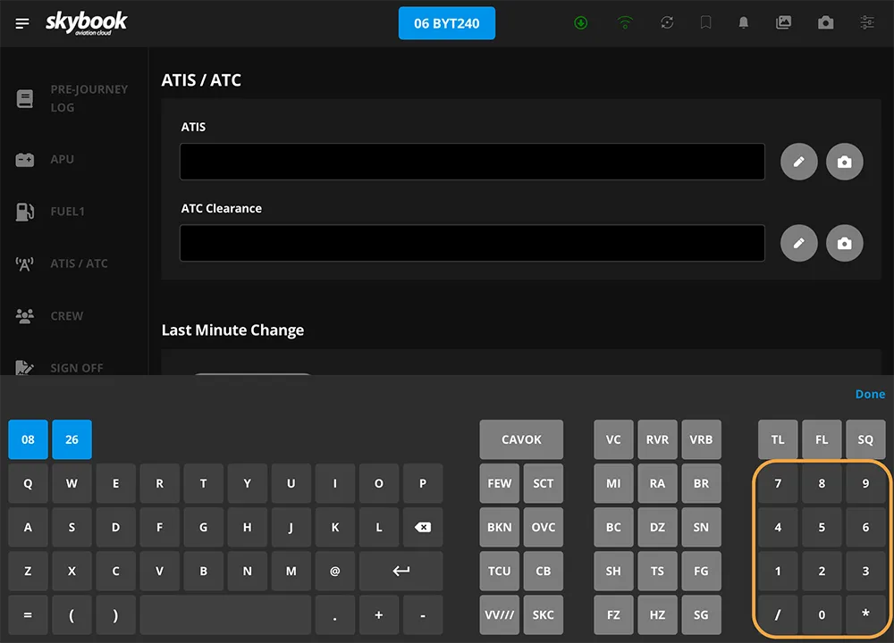 efb ATIS and ATC Clearance number pad