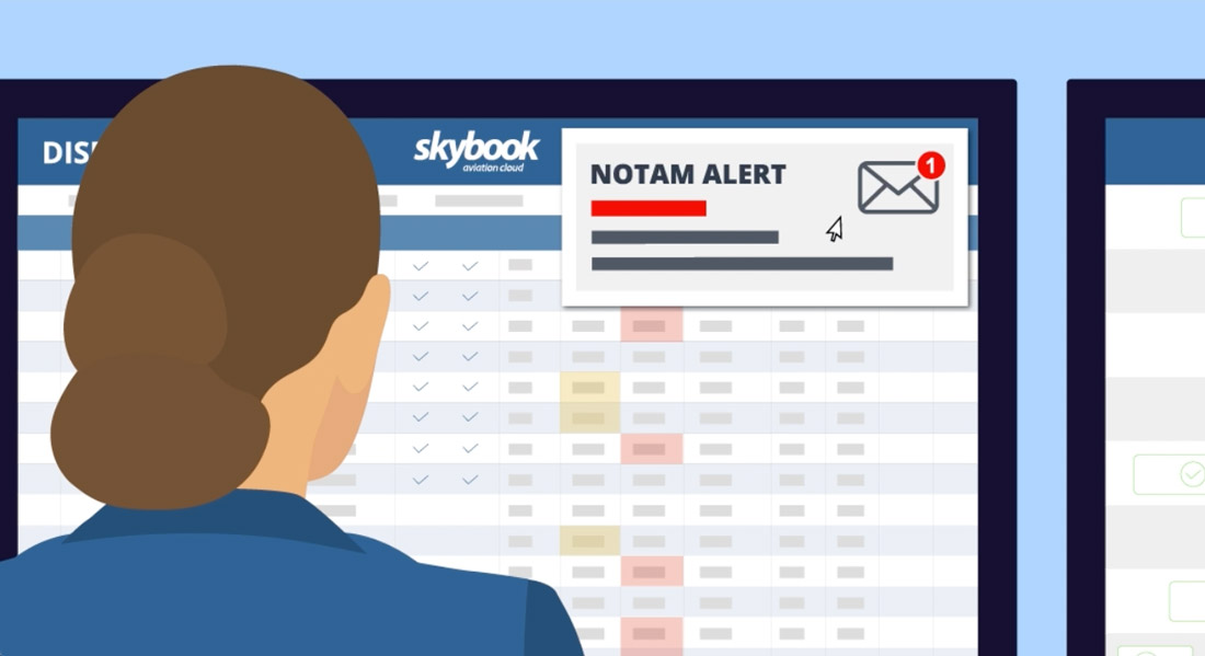 The image shows NOTAM alerts for airports displayed within skybook.